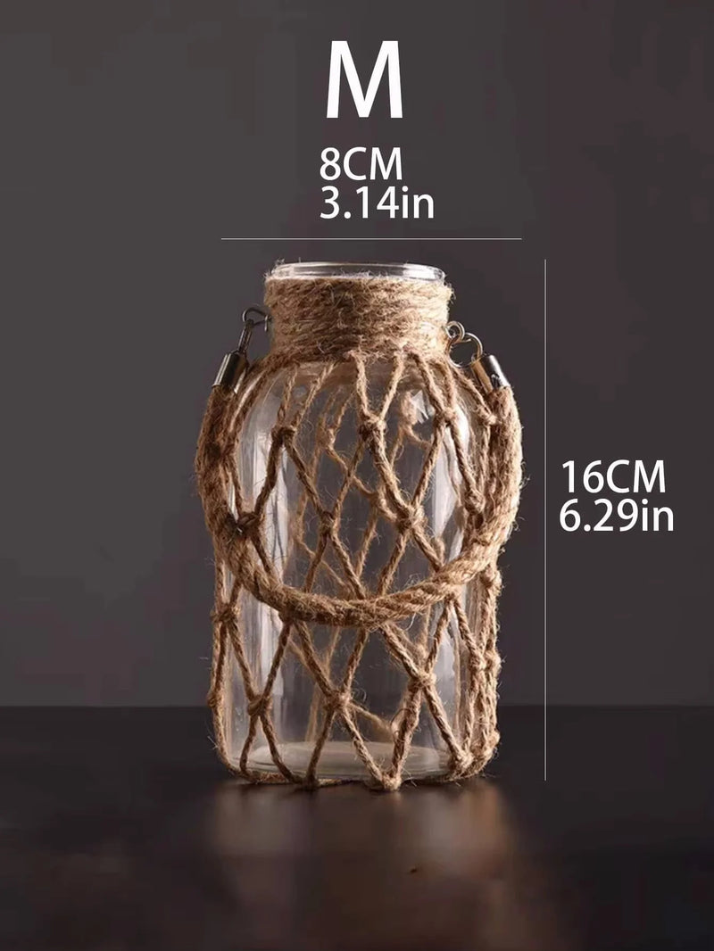 Hand Woven Hemp Rope Glass Vase Dry Flower Decor Art Glass Vase Nordic Living Room Table Decoration Bedroom Boho Home Decoration