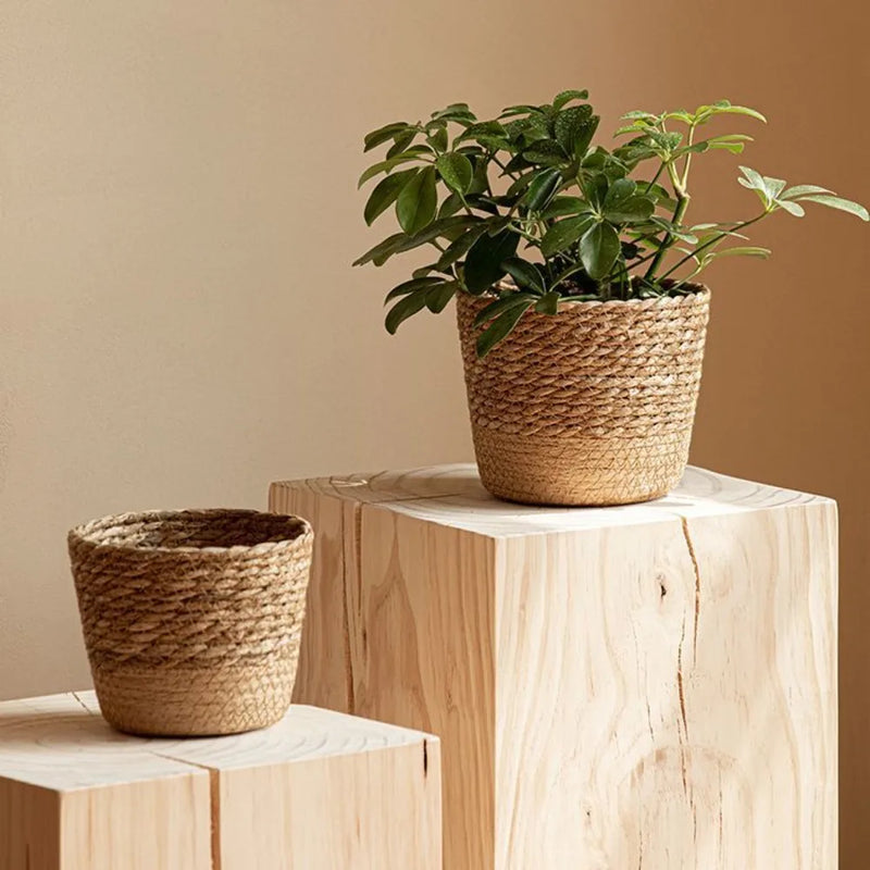 Natural Handmade Straw Weaving Wicker Basket Rattan Straw Flower Plant Pot Round Flowerpot Storage Basket Planter Basket