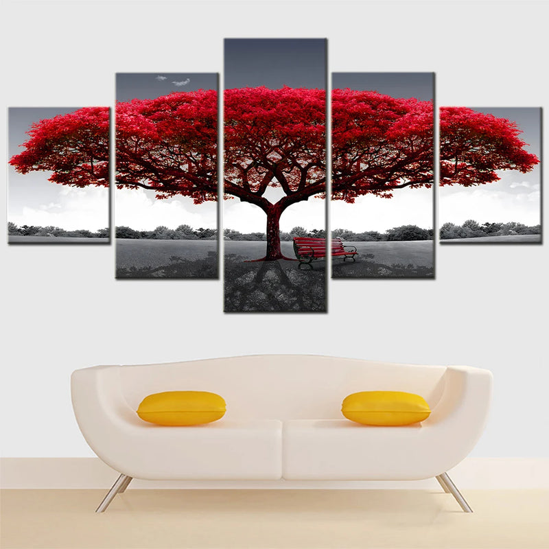 Nature 5 Pieces Canvas Art Wall Decor Painting Abstract Red Tree Sunset Picture Modular Home Decoration Poster Print Photo Frame